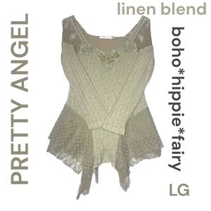 PRETTY ANGEL WOMENS BEIGE LINEN BOHO HIPPIE FAIRY TOP LARGE BEADED LACE CROCHET